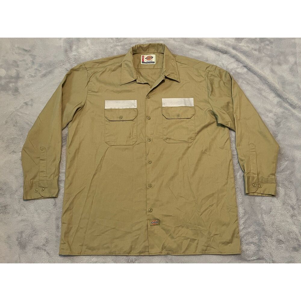 Dickies Men's L/S Button Down Work Shirt Reflective Stripes Tan Size X-Large